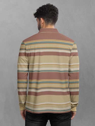 Image of BULLMER Striped Textured Printed Polo Neck Fullsleeve T-Shirt with Rib for Men