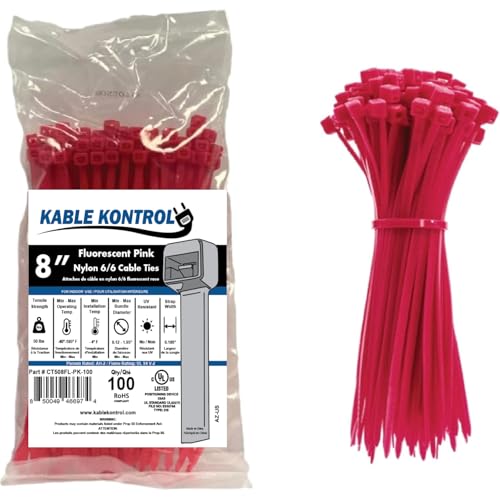 Image of Kable Kontrol Fluorescent Pink Zip Ties 8 Inch 100 Pcs, 50 Lbs Tensile Strength, Self-locking Nylon Colored Cable Ties Wire Wraps for Indoor or Outdoor Use