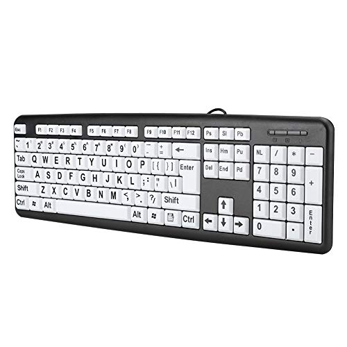 Klawiatura z Dużymi Literami, Czarna 104 Klawisze Klawiatura dla Osób Starszych Klawiatura Low Vision Przewodowa Klawiatura USB z Białymi Dużymi Klawiszami z Nadrukiem(czarny)