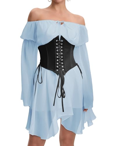 Image of Womens Corset Dress Off Shoulder Bell Sleeve Casual Party Pirate Fairy Dress Set