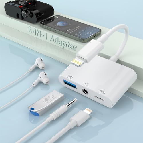 3-in-1 Lightning to 3.5mm Jack Headphone+Charge+Camera Adapter,?Apple MFi Certified? USB to iPhone OTG Audio Aux Adapter Connect Flash Drive/Card Reader/Mouse/Keyboard/Earphone for iPhone 14 13 12 11