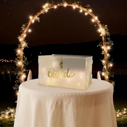 Image of OurWarm Frosted Acrylic Wedding Card Box with String Light, Large Gift Card Box Holder for Wedding Reception, Honeymoon Fund Envelope Money Boxes for Party Graduation Baby Shower Birthday Decorations