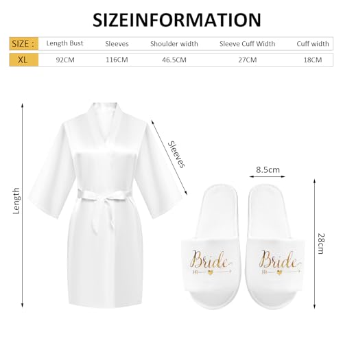 HENGBIRD Bride Morgenmantel Damen Bademantel Satin Kimono V Ausschnitt Nachtwäsche mit Hausschuhe für Hochzeit JGA Partydeko XL Weiß