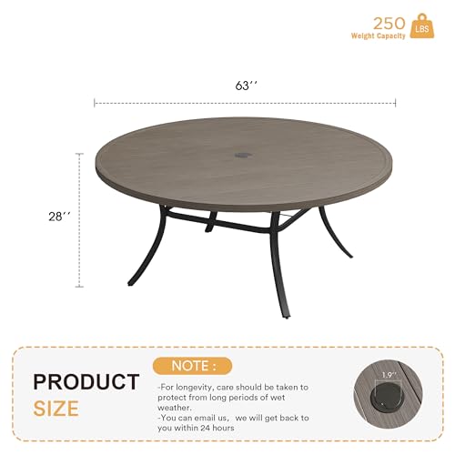 Image of VICLLAX 63 inch Outdoor Round Patio Table with Umbrella Hole, All Weather Metal Round Outdoor Dining Table for Lawn Garden, 8-10 Person Table, Grey Wood Grain