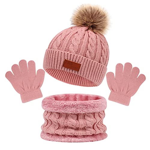 MIVAIUN Rosa 3 Piezas Gorro de Punto Invierno Térmico con Guantes y Bufanda Forro Polar Niños Set...