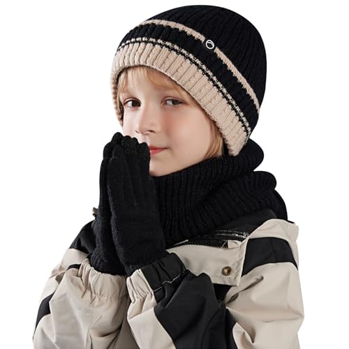 Lancry Winter Hat Scarf And Gloves Set Kids Warm Thermal Girls Boys Hat Scarf Gloves Set Knitted Beanie Cap Snood Neck Warmer Touchscreen Mitten with Soft Fleece Lining For Kids Age 4-10 (Black)