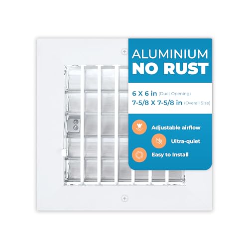 Aluminum 6 x 6 Inch (Duct Opening) Air Vent Covers Wall AC Grille – Premium Register Vent Cover – Durable Rustproof Wall Grille – Overall Size 7-5/8 x 7-5/8 Inch – Adjustable Front Blades, White