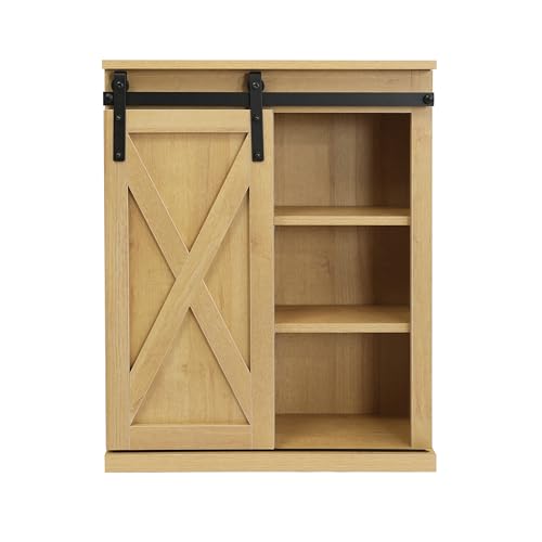 FLORA Rustic Wood Wall Storage Cabinet with Sliding Barn Door, Medicine Cabinet with Adjustable Shelf for Bathroom, Kitchen, Living Room, Brown