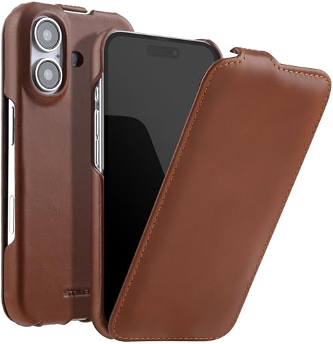 StilGut Capa compatível com iPhone 16 Plus, capa lapela ultra slim com abertura vertical de pele, conhaque