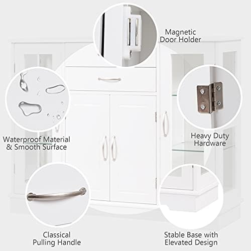 COSTWAY Buffet Sideboard, Wooden Storage Cabinet with Adjustable Shelves and 2 Glass Doors, Server Pantry Cupboard for Kitchen Living Dining Room (White)