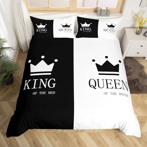 Feelyou Crown Queen and King Comforter Cover His and Hers Matching Couple Bedding Set Lover Romantic Valentine's Day Presents Duvet Cover Black White Bedspread Full Size (No Comforter)
