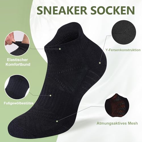 SockWaddles Skarpety Sneaker Damskie i Męskie z Bambusa i Bawełny, 6 Par Oddychające Skarpety Sportowe do Biegania, Krótkie Amortyzowane Skarpety, Stopki Czarny