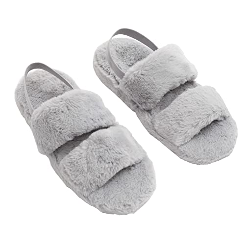 OHS Faux Fur Platform Slippers Fluffy Plush Fleece Womens Band Back Strap Open-Toe Slip On Sliders Lounge Warm, Charcoal Grey - Large 7/8