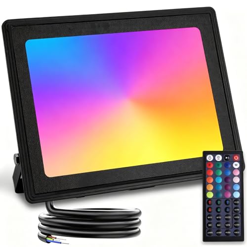 Aigostar - Projecteur LED d’extérieur de 50W, Projecteur LED RGB avec Télécommande, 6 Modes Stroboscopiques, Mode DIY, Minuterie, Dimmable. Étanchéité...