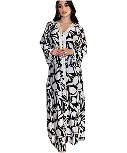 MedeShe Women Ethnic Ribbon Maxi Dress Moroccan Kaftan Muslim Long Sleeve Abaya Arabic Jalabiat (XL, Black White Satin Abaya)