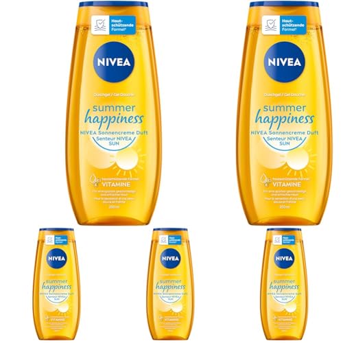 NIVEA Summer Happiness Duschgel, pH-hautneutrale Pflegedusche mit Vitamin C & E, feuchtigkeitsspendendes Duschbad mit dem klassischen NIVEA Sonnencreme Duft (250 ml) (Packung mit 5)