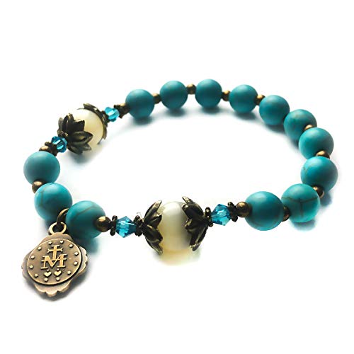 Turquoise and Mother of Pearl Stone Catholic Rosary Bracelet for Women with Virgin Mary Our Lady of Graces Medal Charm - Catholic Gifts Women2
