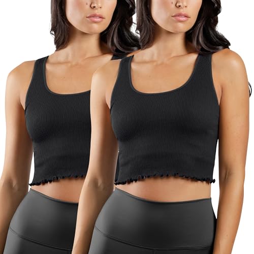 90 Degree By Reflex Ribbed Lettuce Edge Cropped Tank Top Long Line Bra -2 Pack Black/Black - X Large