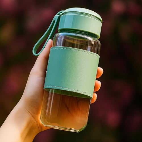 Image of SHIPHAPPENS 340 ML Mini Glass Water Bottle with Silicone Grip & Strap | Leak-Proof, BPA-Free, Reusable Bottle for Office, Travel, School, Gym & Daily Use