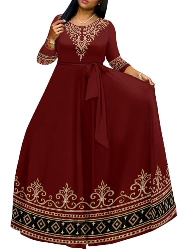 Image of Plus Size Maxi Dress for Women V Neck 3 /4 Sleeve Wrap Dress