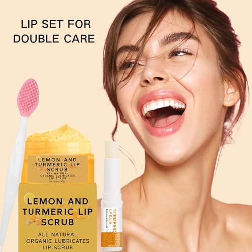 3pcs turmeric and lemon lip scrub amp turmeric lip balm with brush set eliminate lip fine lines lip scrubber exfoliator natural nourish sugar lip scrub for dry dull chapped dark lips