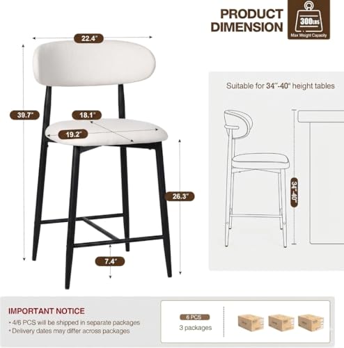 Image of AQO Counter Height Bar Stools Set of 6, Upholstered Counter Stools Modern Barstools with Metal Legs for Kitchen Island Dining Room, Black