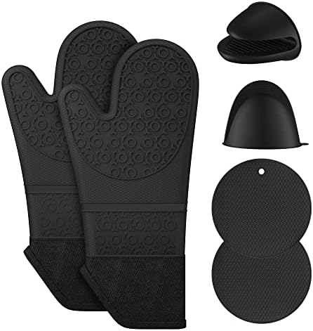 BGFOX Extra Long Oven Mitts and Pot Holders Sets, Heat Resistant Silicone Oven Mittens, Oven Gloves Sets with Soft Lining Good Grip, Hot Pads for Kitchen Baking Cooking, Pack of 6,Black