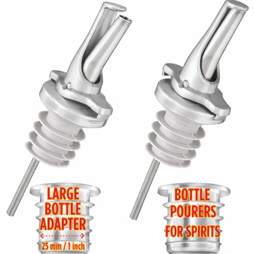 POURA 3-in-1 Liquor Pour Spout with BPA-Free Rubber & Fruit Fly Protection – Dishwasher Safe Speed Pourer for Alcohol, Olive Oil, Juice & Syrup – Silver 2 Pack with Adapters for Large Bottles