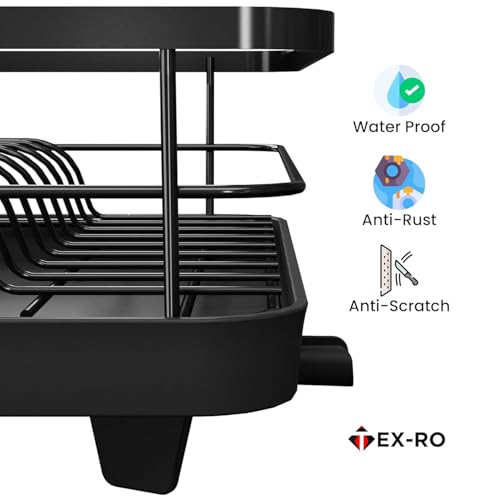 Image of Dish Drying Rack for Kitchen Countertop | Stainless Steel Bartan Drying Stand with Drain Tray & Utensil Holder | Black Metal Dish Organizer, 64x47x23
