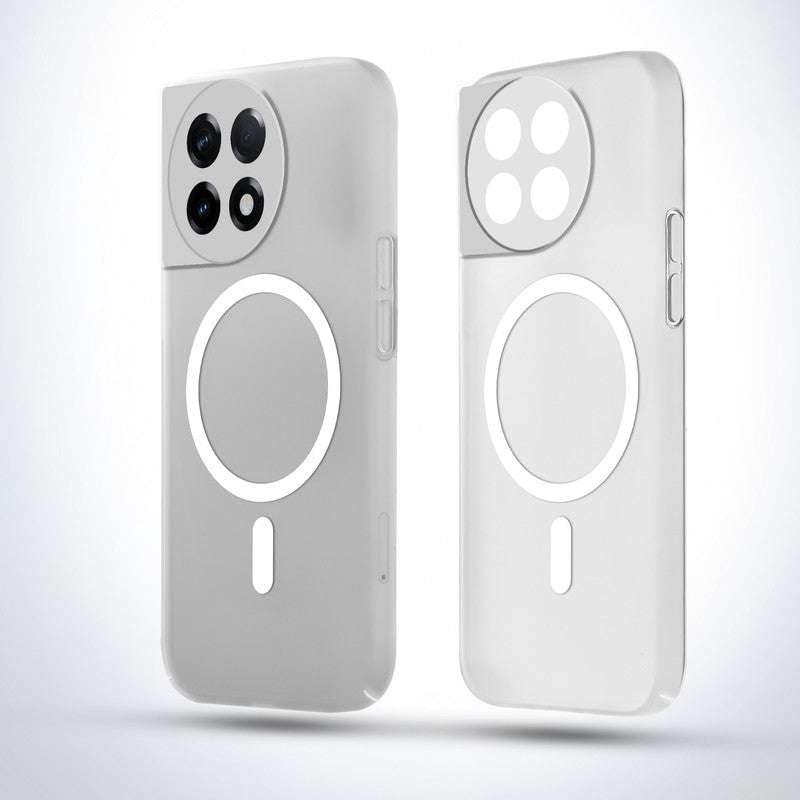Image of Magnetic Transparent Mobile Cover for oneplus 11R Wireless Charging Compatible Shockproof Case with Slim Matte Back, Anti Yellow Hard Pc Protective Back Cover [ White]