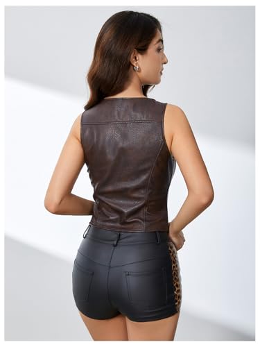 SHENHE Women's PU Leather Zip Up Crop Vest Top Sleeveless Crew Neck Slim Fit Jacket Vest2