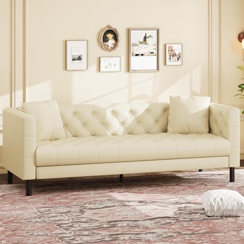 GarveeHome 81 in Leather Couch for Living Room, Modern Sofa Couch with Deep Seat and 2 Pillows, Handmade Button Tufted 3 Seater Sofa, Leather Sofa for