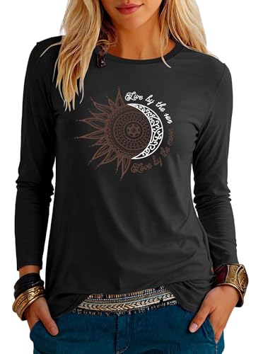 Teesho Damen Tshirt Langarm Rundhals Oberteile Basic Shirts Casual Longshirt Drucken Pullover Herbst Tops Tunika（Schwarz/L