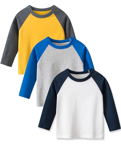GFQLONG Toddler Boys Girls 3 Pack Cotton T-Shirts, Baby Fall Long Sleeve Solid Crewneck Tees
