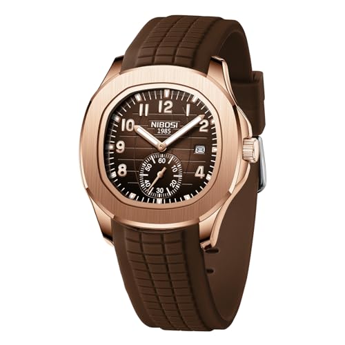 NIBOSI Mens Watches Analog Military Watch with Calendar Brown Silicone Strap Waterproof Mens Wrist Watches Classic Unique Minimalist Dress Designer Quartz Watches for Men