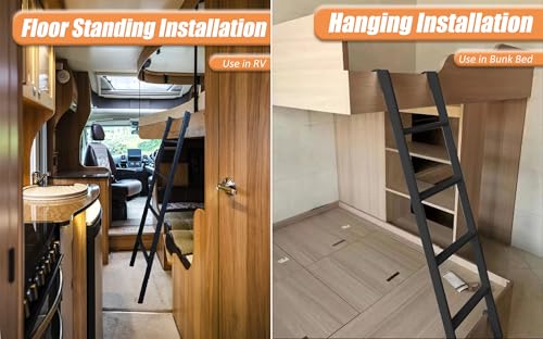 Image of RV Bunk Bed Ladder One-Piece Steel, 50 inch /55 inch /60 inch /66 inch /72'' Bunk Bed Ladder with Flexible and Adjustable Hooks, Safe and Non-Slip Bunk Ladders for RV Home Dormitory, Load-Bearing 330 Pounds