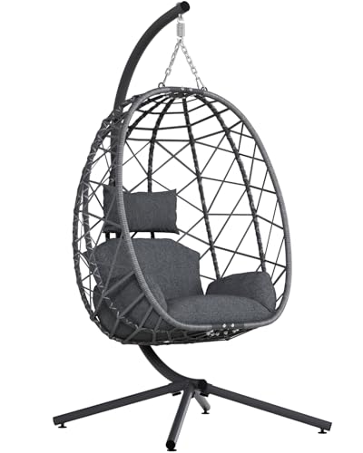 SWITTE Egg Swing Chair with Stand, Outdoor Patio Hanging Egg Chair, Indoor Hammock Chair with Cushion for Garden Backyard, 400LBS Capacity-Dark Grey