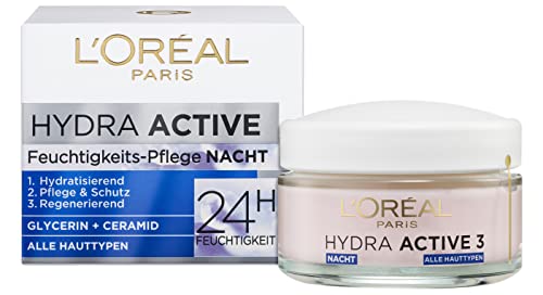 L'Oréal Paris Nachtpflege für das Gesicht, Anti-Aging Feuchtigkeitspflege mit Omega 3 und 6, Feuchtigkeitspendende Gesichtscreme für die Nacht, Hydra Active 3, 1 x 50 ml