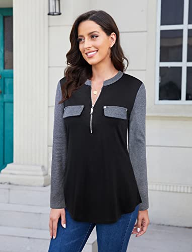 Image of Bulotus 3 /4 Length Sleeve Womens Striped Tops Zipper V Neck Collared Blouses Business Casual Tunics 2026 Spring Trendy
