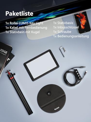 Rollei Lumis Key Light, LED Videolicht inkl. Tischstativ Streaming Licht PC zum Ausleuchten von Video-Streams TikTok YouTube und Konferenzen Video Call Webcam Homeoffice
