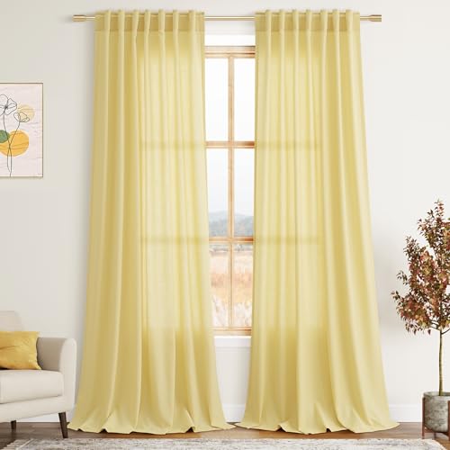 Image of Yellow Linen Textured 96 Inch Curtains 2 Panel Set Back Tab Rod Pocket Sheer Light Filtering Boho Room Decor Aesthetic Curtains Burlap Look Curtain Drapes for Living Room Bedroom 8Ft 52x96 Inch