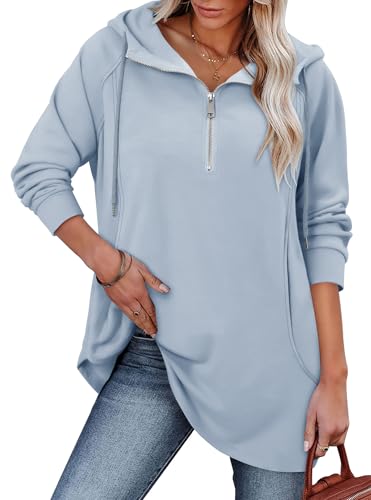 onlypuff Women Hoodie Pullover Trendy Quarter Zipper Lapel Sweatshirts Drawstring Cute Hooded Tunic Tops with Side Pockets
