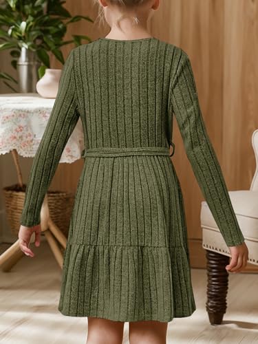 YOVION Girls Fall Long Sleeve Dress Knit A-Line Ruffle Tiered Holiday Casual Sweater Dresses with Belt for 6-12 Y4