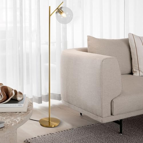 Image of Mid Century Brass Floor Lamps Vintage Clear Standing Lamp for Living Room Modern Tall Freestanding Lamps Retro Farmhouses Globe Floor Lamp for Bedroom Office