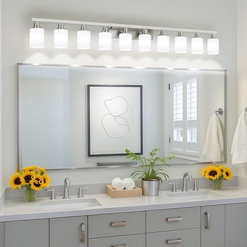 Image of 10-Light Bathroom Vanity Light Brushed Nickel 64.5in Vanity Lights | White Frosted Ribbed Glass Shade Modern Bathroom Wall Lights Fixtures over Mirror Wall Sconces Lighting E26 Base