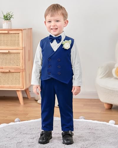 Image of YALLET Toddler Baby Boy Clothes Suit Gentleman Wedding Outfits, Formal Dress Shirt+Bowtie+Vest+Boutonniere+Suspender Pants