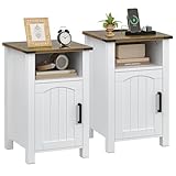 Farmhouse Nightstand with Charging Station, Set of 2 End Table with USB/Type-C Ports and Power Outlets, Rustic Bedside Table with Large Storage and Open Shelf, Modern Side Table for Bedroom, White