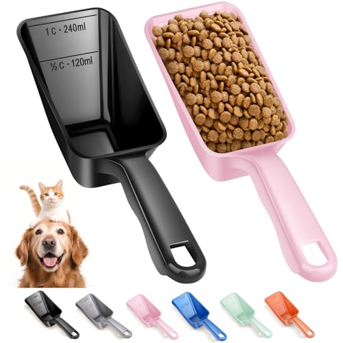 2-Pack Dog Food Scoop 1 Cup, Plastic Pet Food Measuring Scoop With Measuring Lines (1/2 & 1 Cup Markings) for Dogs, Cats, Fish, Bird（Black and Pink)