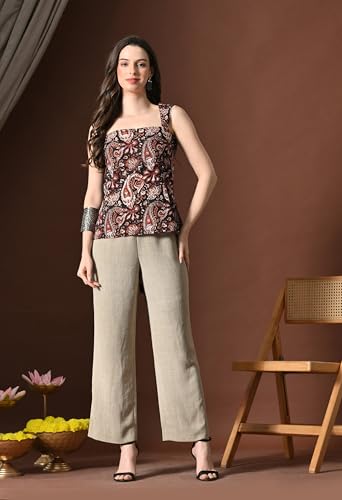 Image of Amazon Brand - Tavasya Women Floral Printed Short Kurti | Stylish Square Neck & Back Back Design with String Ties | Sleeveless Modern Top