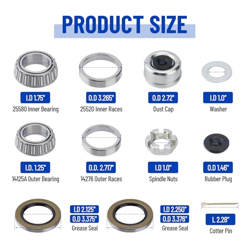 Image of 4 Sets 25580 14125A Boat Trailer Axles Bearing Kits | with Grease Seals,Spindle Nuts, 2.72 inch Dust Caps and Rubber Plugs, Cotter Pins for 5200-7000 lb.Tandem Axles #D42 Spindle
